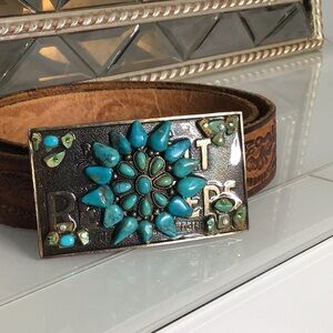 Embossed Leather Belt with Turquoise Accents Unisex